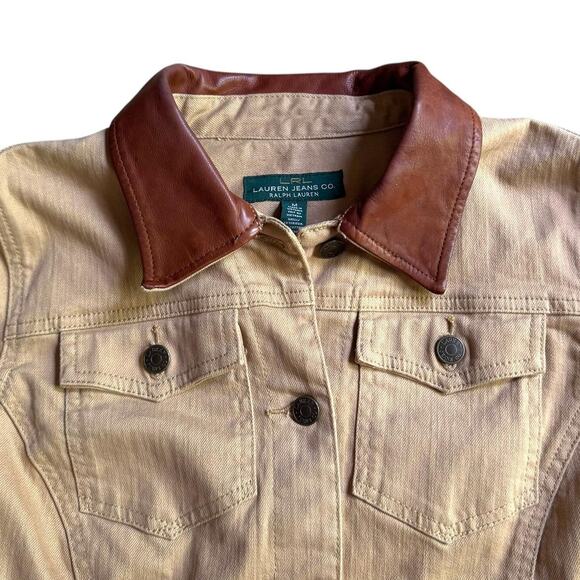 Y2K Ralph Lauren khaki denim work wear chore jacket with brown leather collar M - Picture 3 of 5